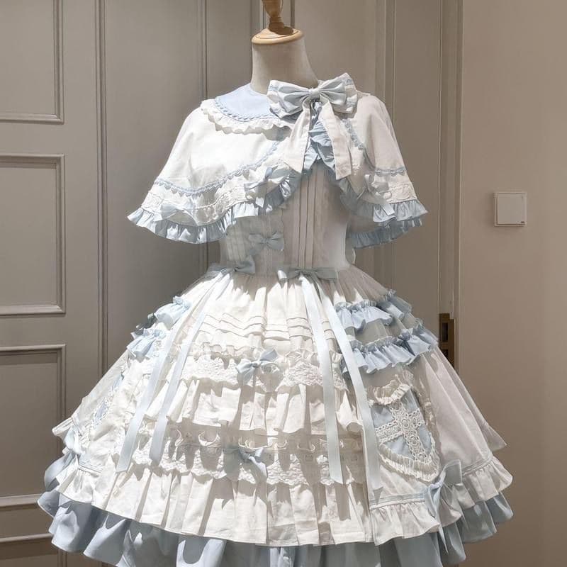 Blue and white doll-like girly sweet heart-shaped cape JSK cake skirt Flying Diary Lolita