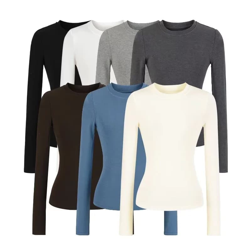 American-Style Spicy Girl Round Neck Slim-Fit Waist-Cinching Regular Shoulder T-Shirt for Women, Spring and Autumn Solid Color Versatile Slim Short Base Top