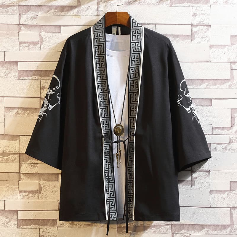 Summer New Japanese Style Round Dragon Embroidery Three-Quarter Sleeve Cardigan Hanfu Chinese Style Men's Clothing Retro Trend Sun Protection Jacket