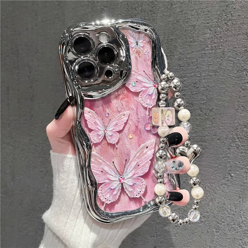 Electroplated Silver Oil Painting Style Green Butterfly Case for Apple iPhone 17, Huawei Mate60 New Model with Heat Dissipation