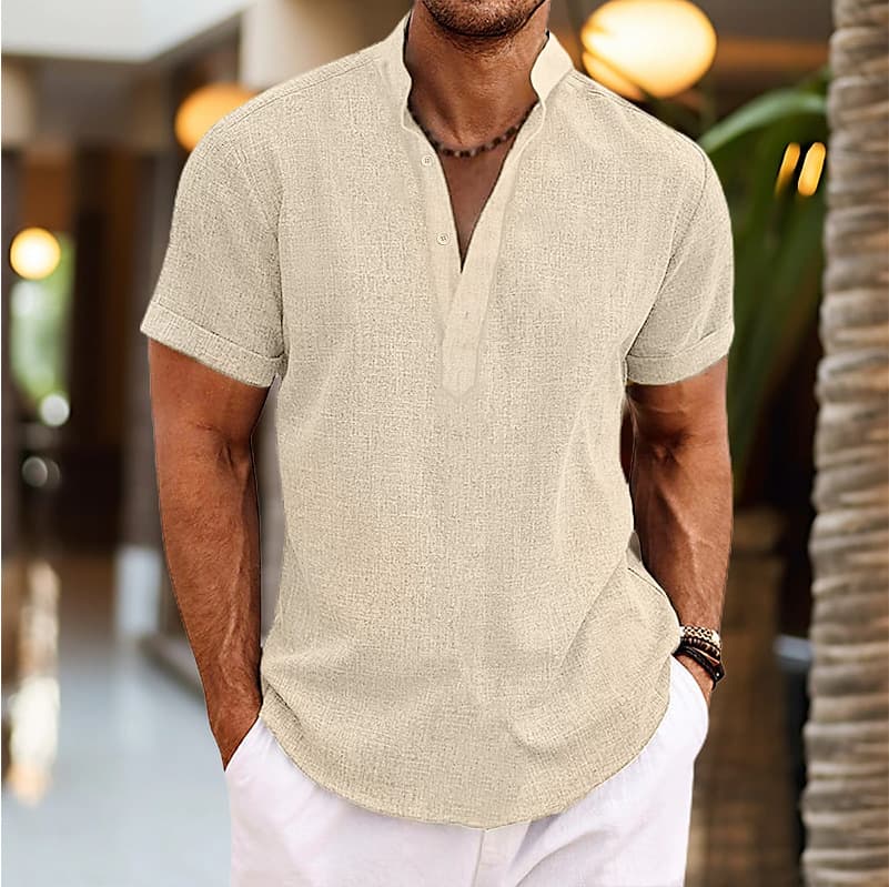 Cross-border 2024 Summer New European and American Men's Plus Size Solid Color Henley Neck Short Sleeve Shirt Pullover Simple Shirt for Men