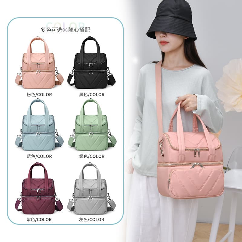 New Cross-Border Double-Layer Lunch Bag Women's Handheld Bento Bag Outdoor Camping Picnic Bag Ice Bag Thermal Insulation Fresh-Keeping Bag