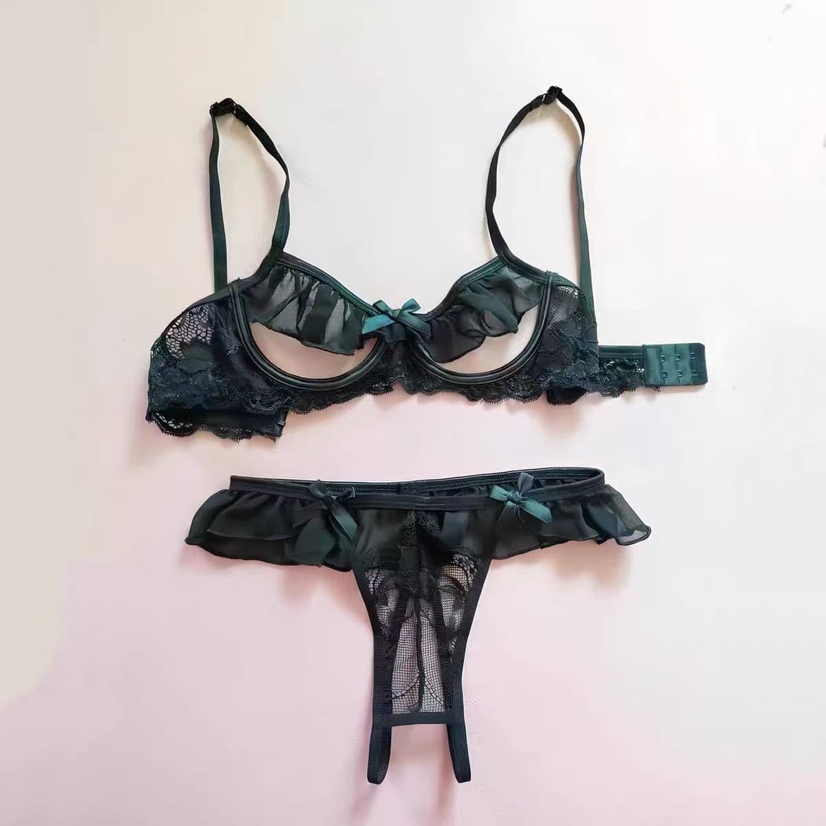 Sexy Bra Set Half Cup Underwire Push Up Chiffon Lace Patchwork Ultra Thin Sheer See Through Bra