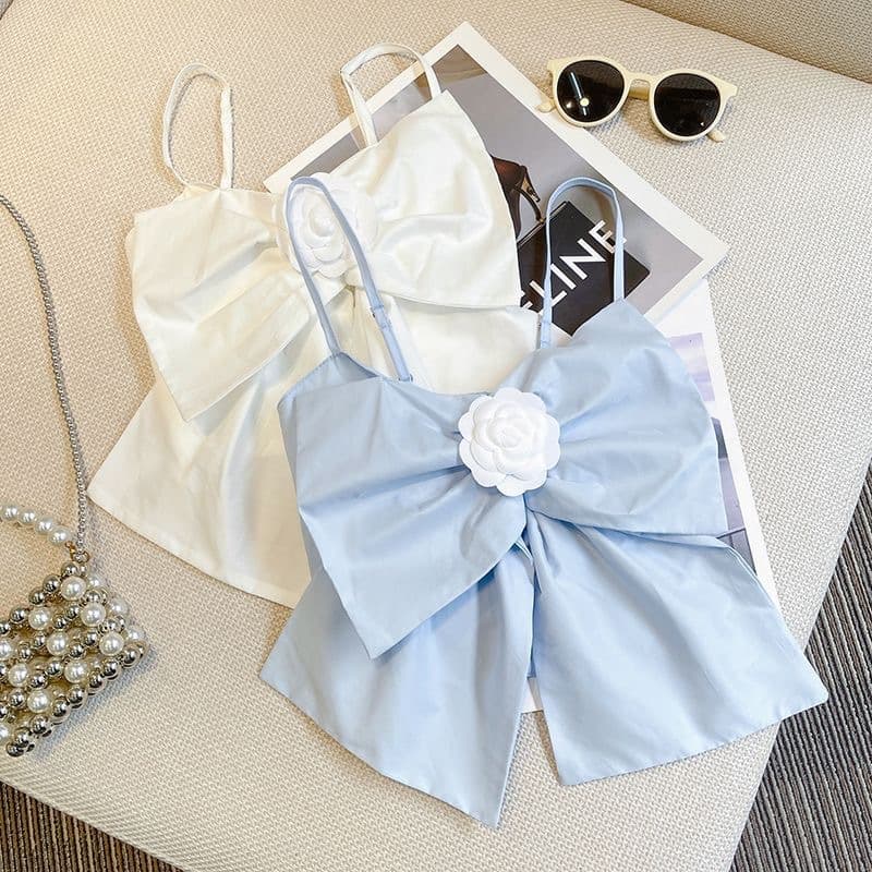 Girls' 2026 Summer New Style Bowknot Camisole, Adjustable Children's Fresh Camellia Short Camisole