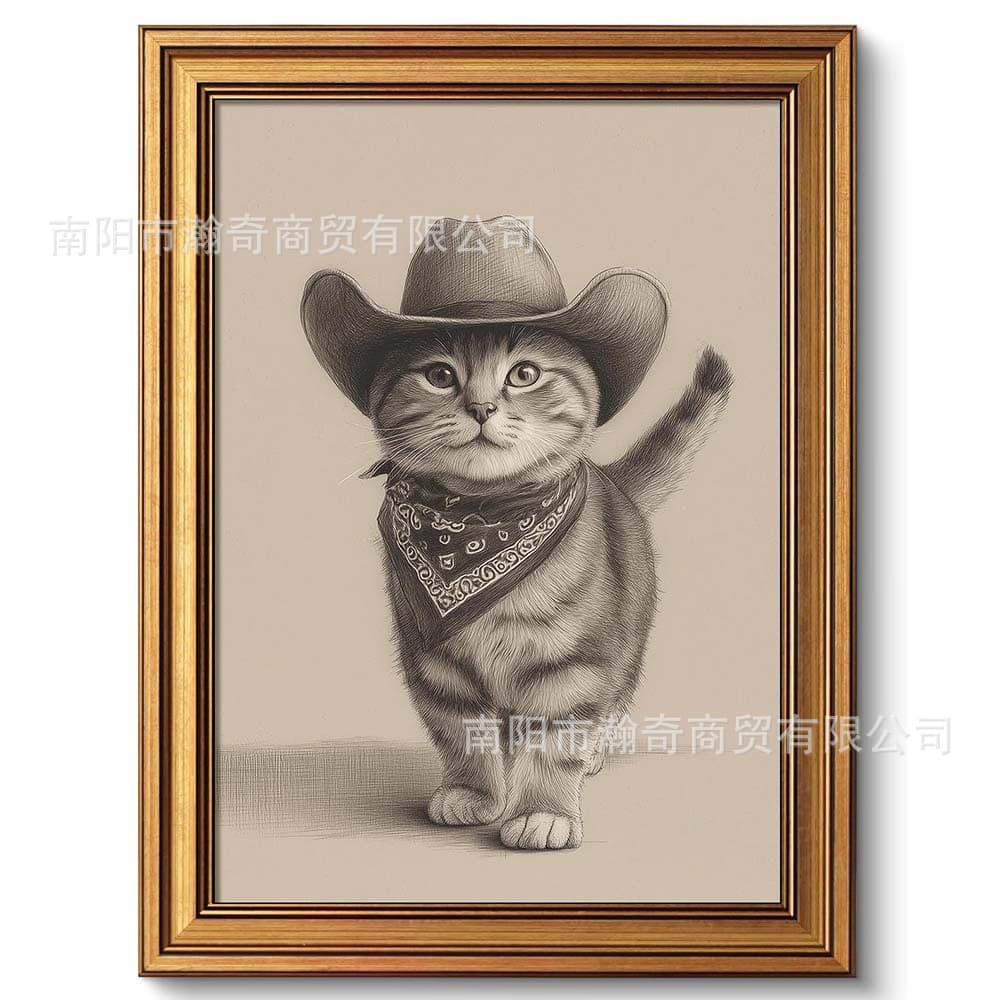 Cowboy cat and dog sketch canvas painting poster cross-border creative animal living room decoration painting core bedroom mural hanging painting