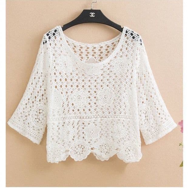 Summer short pullover knitted openwork crochet lace top to pair with slip dress, super fairy-like and versatile lace top for off-campus wear
