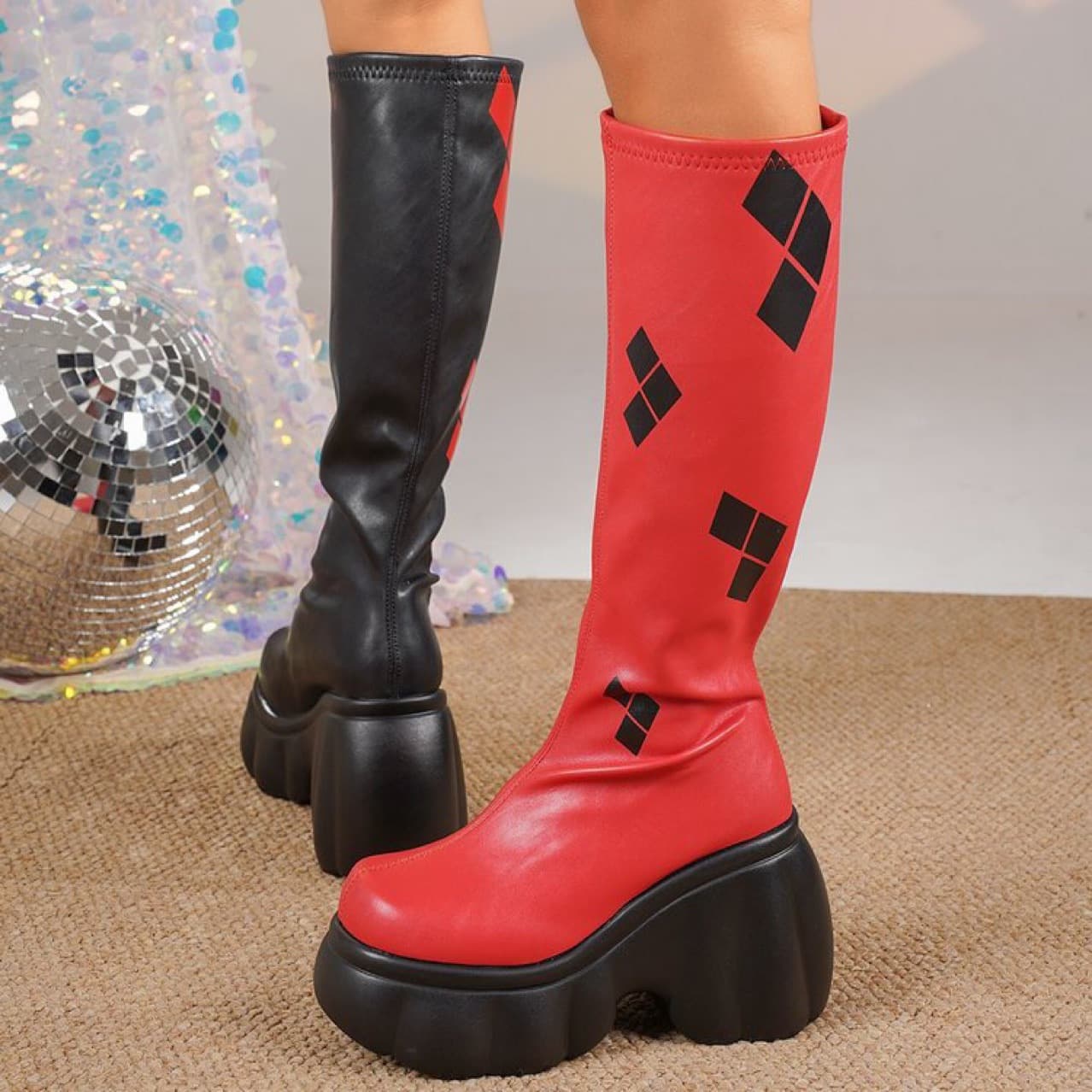 Two-Tone Personalized Patch Thick-Soled Mid-Calf Boots 2025 Autumn Winter New Arrival Rear Zipper Boots High-Top Riding Boots