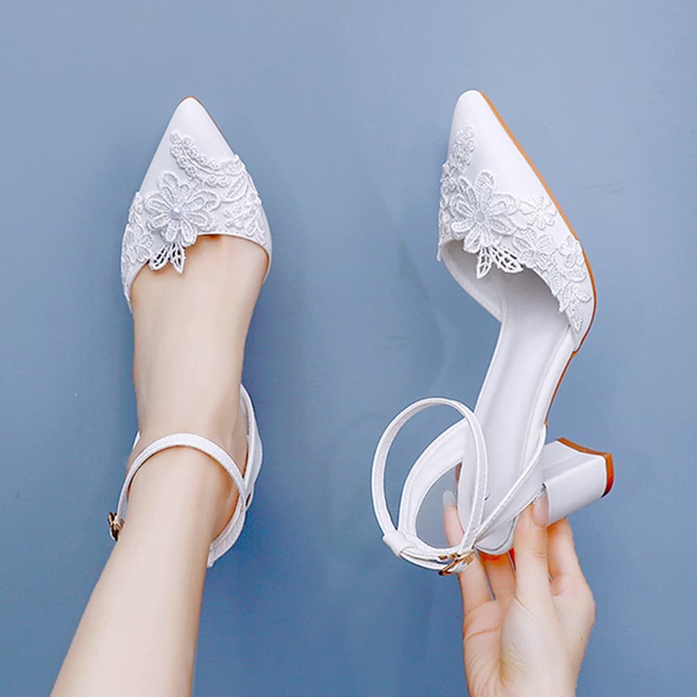 7cm Chunky Heel Pointed Toe Sandals Spring Summer Block Heel Low-Cut Women's Sandals Lace Net Pearl Bride Wedding High Heels