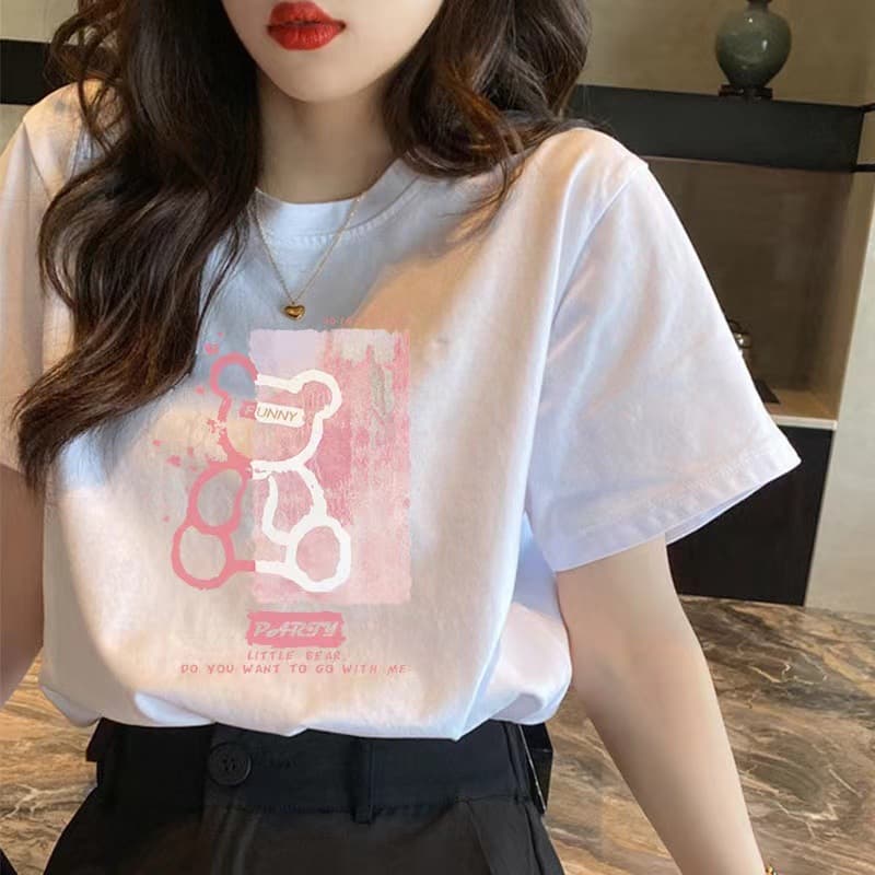 Pure Cotton Bear Short-sleeved T-shirt Women's Summer 2025 New Arrival Harajuku Style Design Sense Niche White Half-sleeved T-shirt Ins Trendy