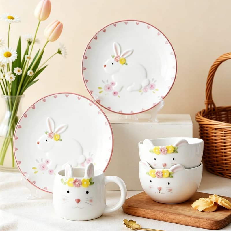 Easter Floral Bunny Bowl and Plate Set for Home, Cute Fresh Ceramic Bowl and Plate Combination, Nordic Tableware Bowl Set