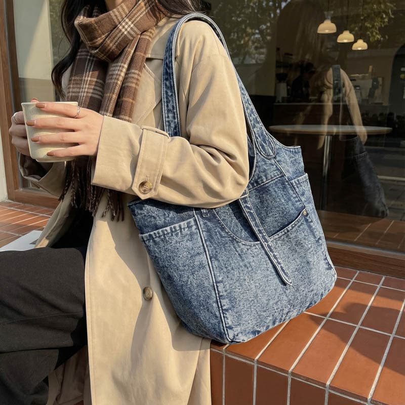 Cross-border new simple denim bag casual retro versatile handbag large capacity fashion commuter shoulder bag for women