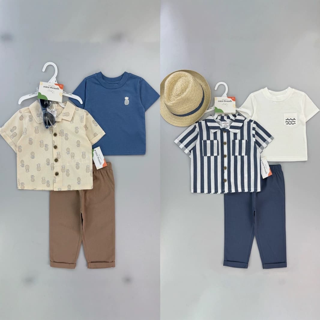 Toddler baby boy 4-piece shorts suit_short-sleeved lapel button-down shirt drawstring striped shorts suit summer clothes