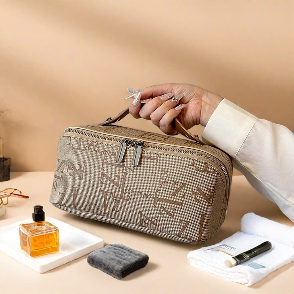 Women's Handheld Leather Cosmetic Bag Large Capacity Toiletry Bag Letter Print Makeup Brush Portable