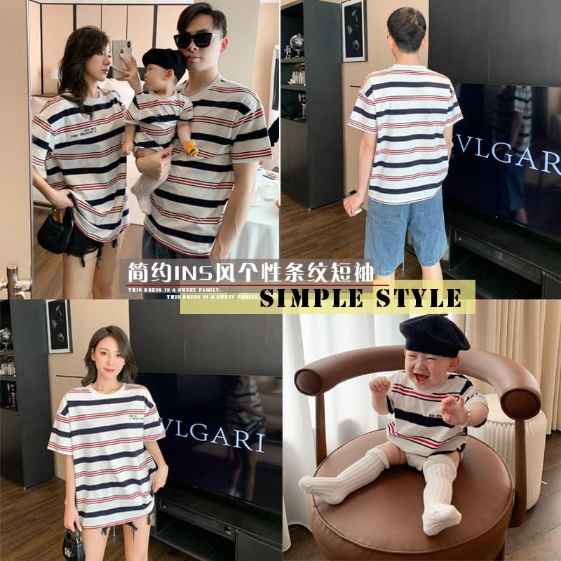 Street-friendly parent-child summer clothes for a family of three, mother and daughter, Internet celebrity striped versatile short-sleeved T-shirt for the whole family