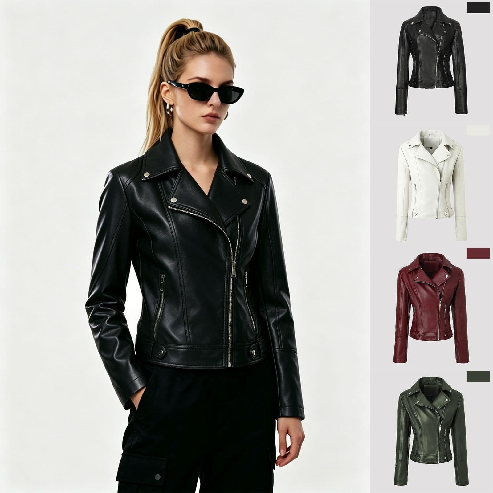 MotoLeather Jacket Ladies Lapel PU Leather Jacket European and American Street Style Cross-Border Supply Ready Stock
