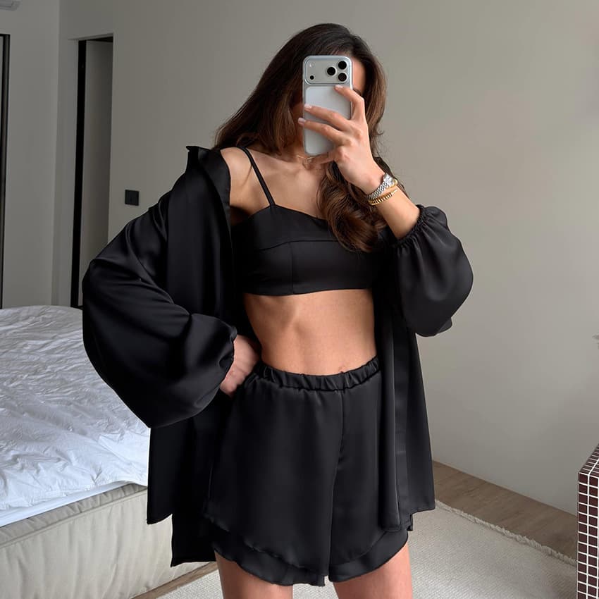 2026 European and American New Satin Solid Color Camisole Double Layer Shorts Comfortable Long Sleeve Pajamas Three-Piece Set Women's Loungewear