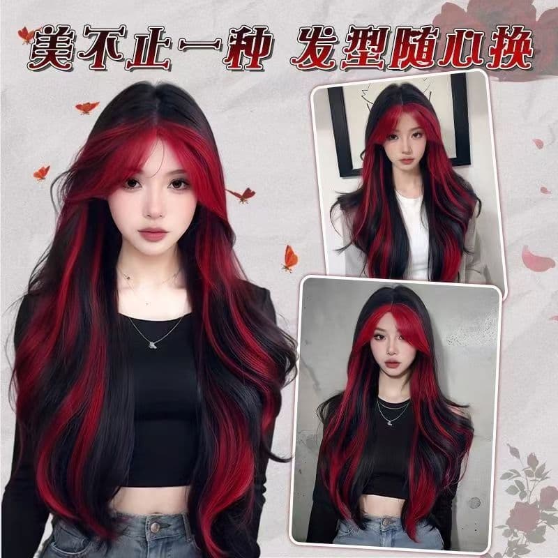 Center-parted bangs, black and red, black and blue, multi-style long curly hair, full wig, full headband style for daily wear