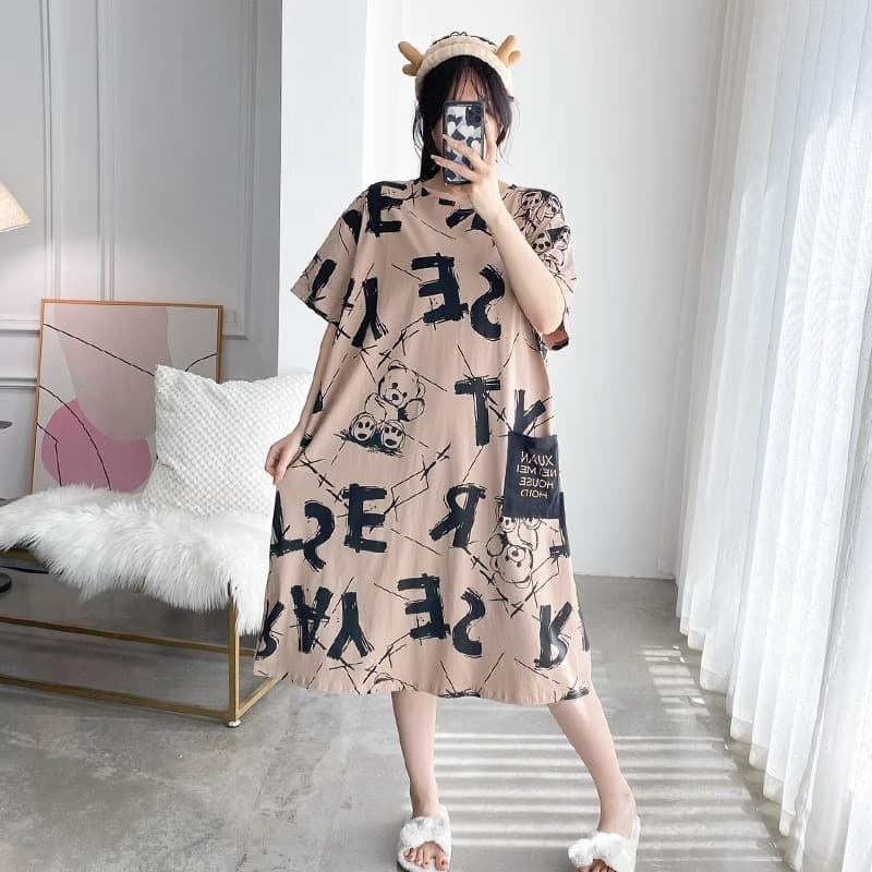Women's Summer Short Sleeve Nightgown, Loose Fit Plus Size, Sweet Cartoon Style Dress, Wearable Outside for Pregnant Women