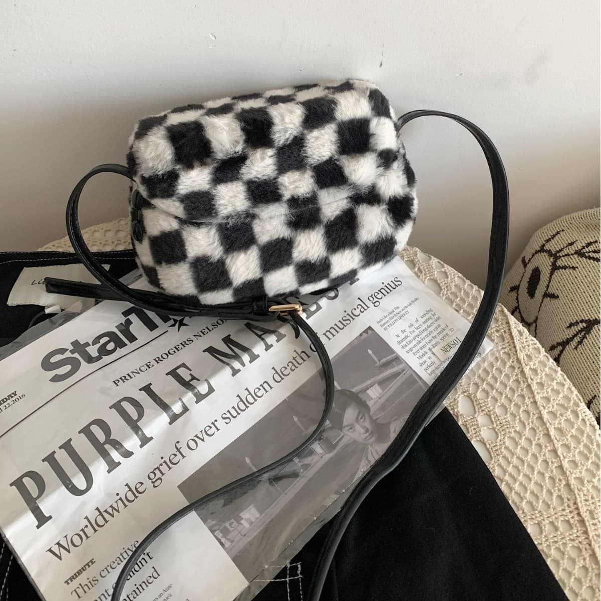 2026 Autumn and Winter New Plush Saddle Bag Simple and Versatile Black and White Plaid Crossbody Small Bag Women's Flip Furry Bag