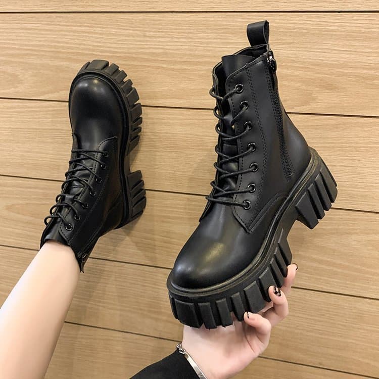 Women's Martin Boots 2024 Autumn Winter New Arrival British Style Thick Sole Mid-Calf Leather Boots Chunky Heel Lace-Up Casual Motorcycle Boots