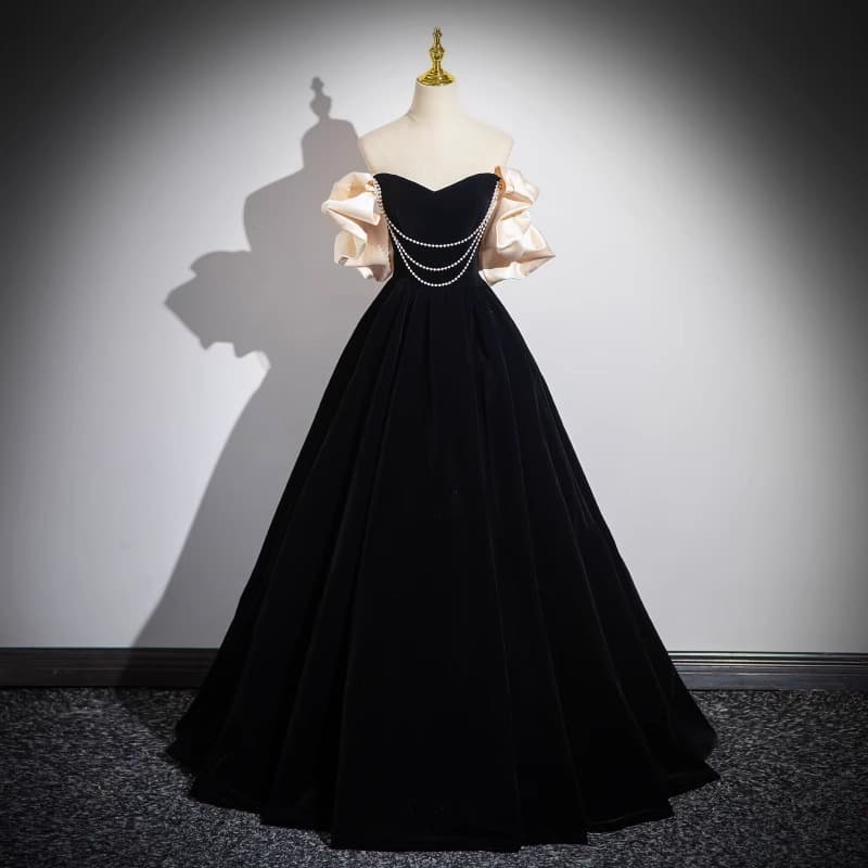 2026 New Black One-Shoulder French Velvet Party Dress for Banquets and Performances