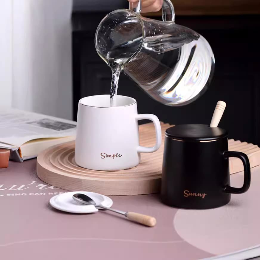 Wholesale mug, ceramic cup, high-looking milk breakfast cup with lid, spoon, student water cup, office business cup