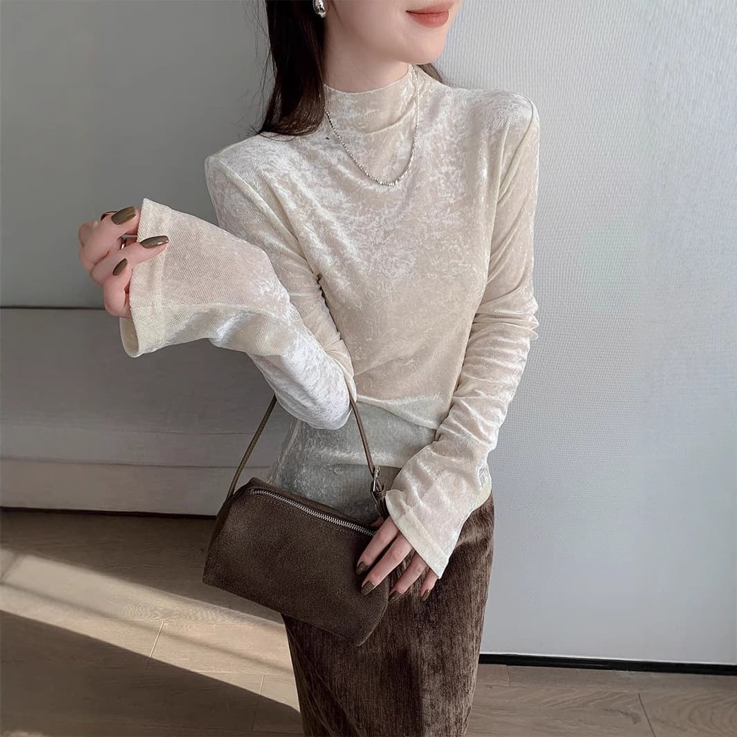 French Semi-High Neck Gradient Long Sleeve Base Layer Women's Spring and Autumn New Elegant Inner Wear Slim Thin Top Trendy