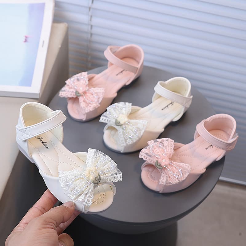Girls Lace Beaded Dance Sandals Butterfly Knot Soft Sole Anti-Slip Summer Girls Princess Shoes Peep Toe Sandals
