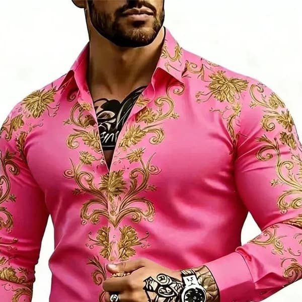 Cross-border Temu Shein Men's Rose Red Gold High-End Satin Baroque Pattern Cardigan Long-Sleeve Shirt Wholesale