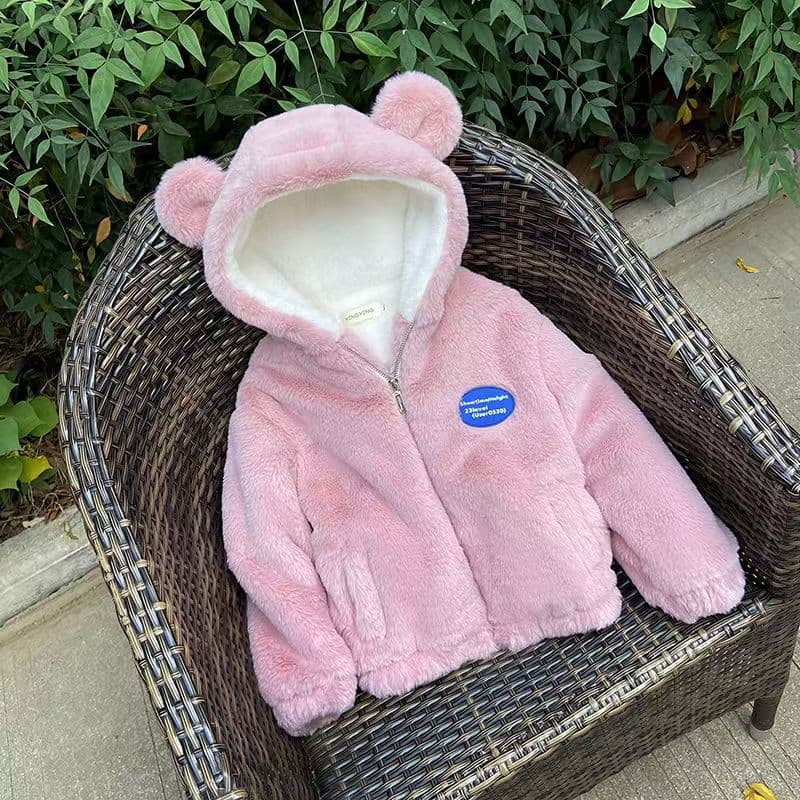 Winter Faux Fur Fuzzy Kids Coat Warm Thick Fleece Lined Faux Rabbit Fur Hooded Girls Padded Jacket for Mid Kids