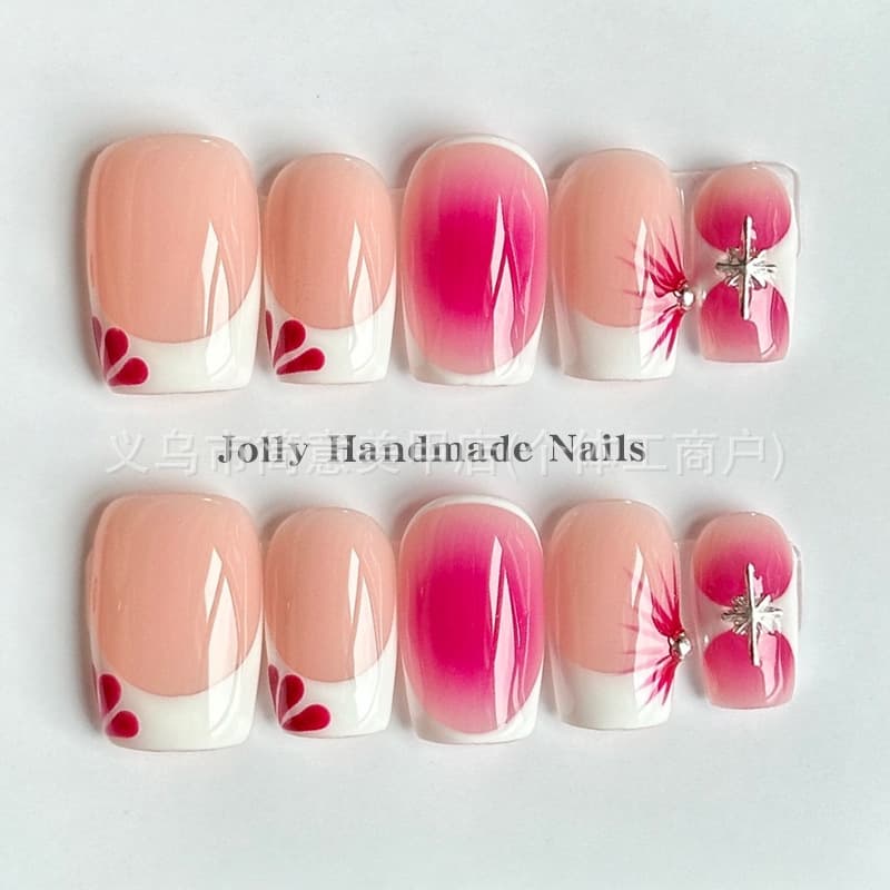 Cross-border White French Handmade Press-on Nails, European and American Hot-selling Ombre Gradient Flower Short Nails Wholesale