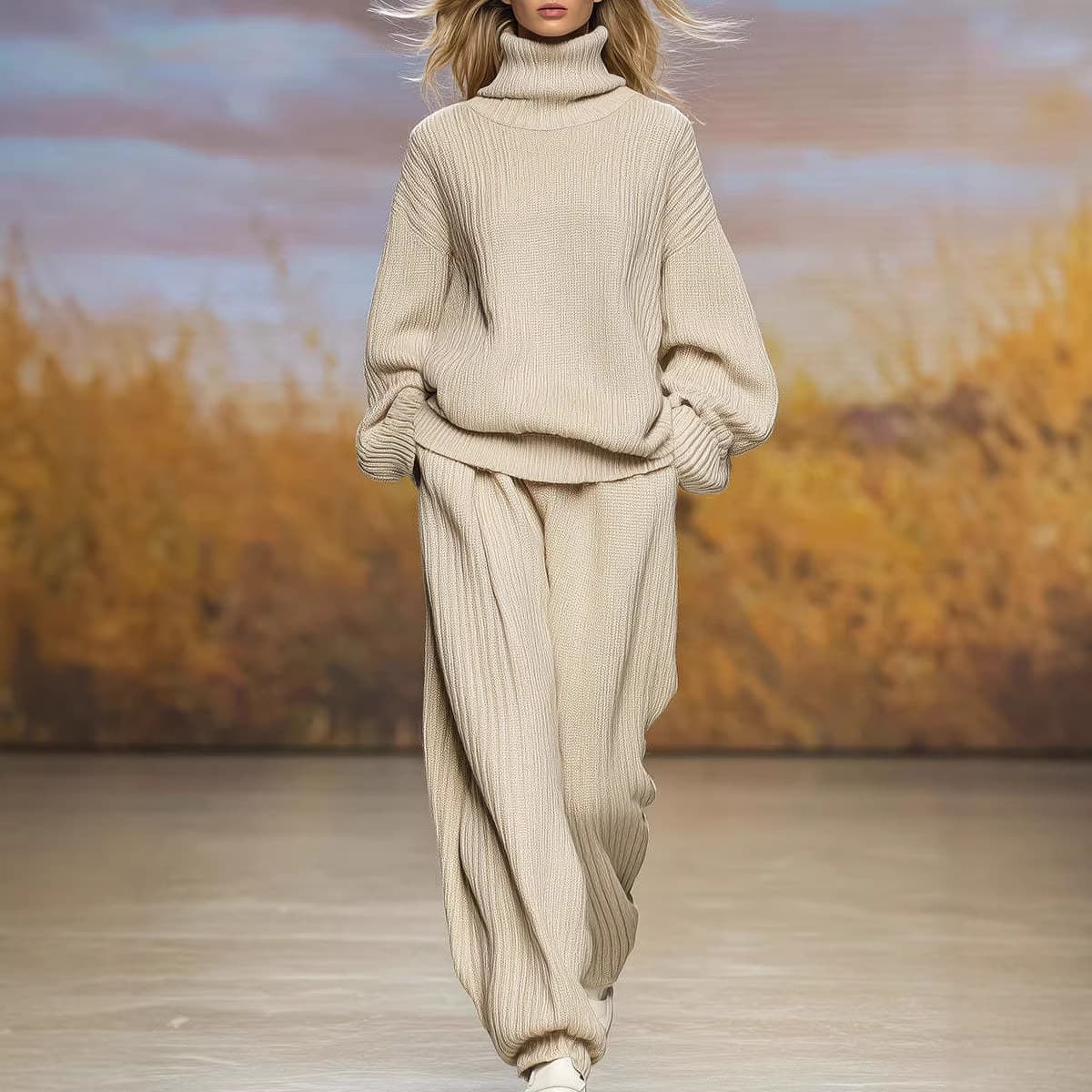 Women's 2025 Fall/Winter New Arrival Casual Knit Loose High Neck Wide-Leg Pants Fashion Set for US/EU Cross-Border Independent Site