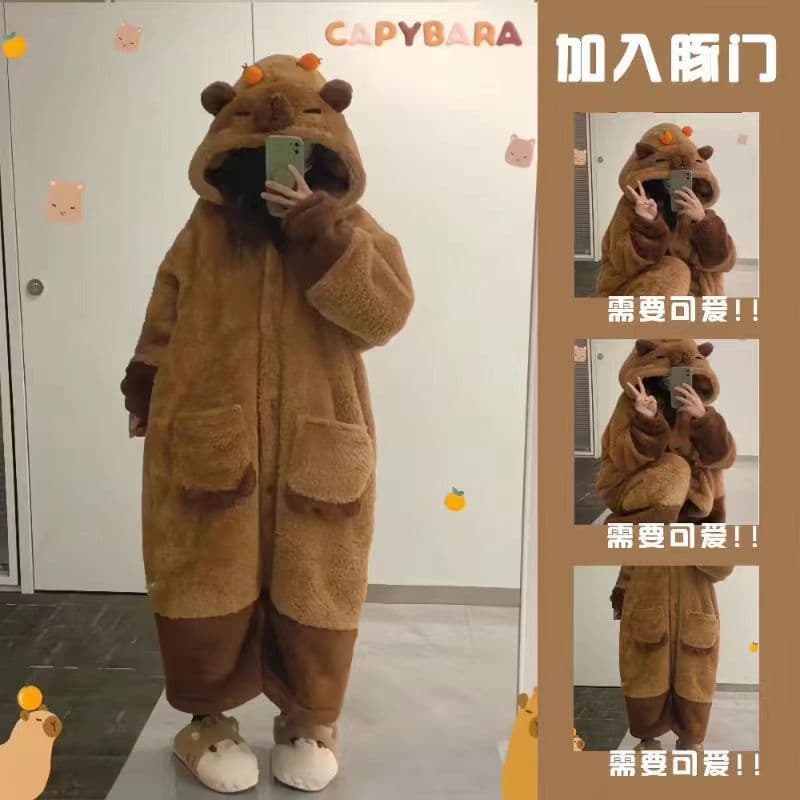 Autumn/Winter New Pajamas Capybara Robe Fleece-Lined Thick Warm Clownfish Homewear