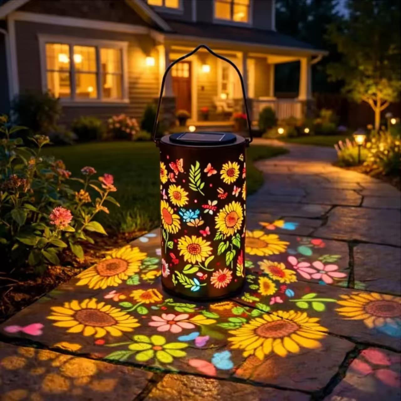Solar Garden Light Sunflower Outdoor Patio Decorative Vintage Hanging Lamp Ornament Auto-On Etched Lampshade