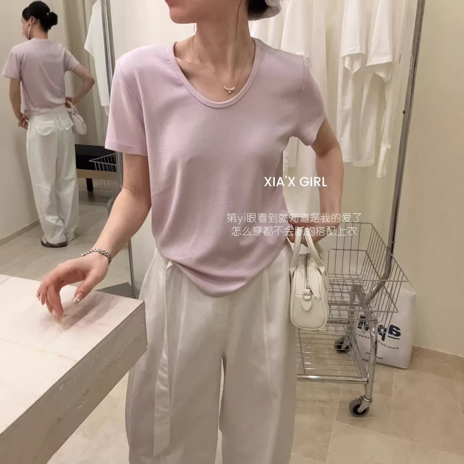 XIAX summer 12 colors slimming pinstripes simple and versatile u-neck solid color Korean commuting soft waxy top short-sleeved T-shirt