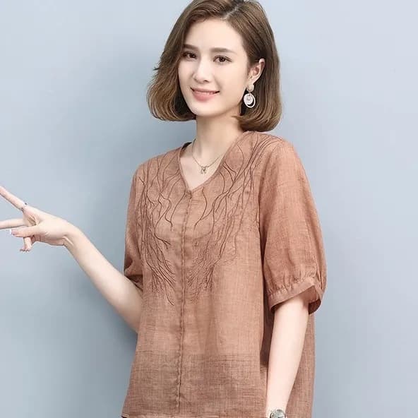Cotton Linen Blouse Women 2023 New Short Sleeve T-Shirt Age-Reducing Mom Top Tummy Cover Summer Cotton Linen Thin Top