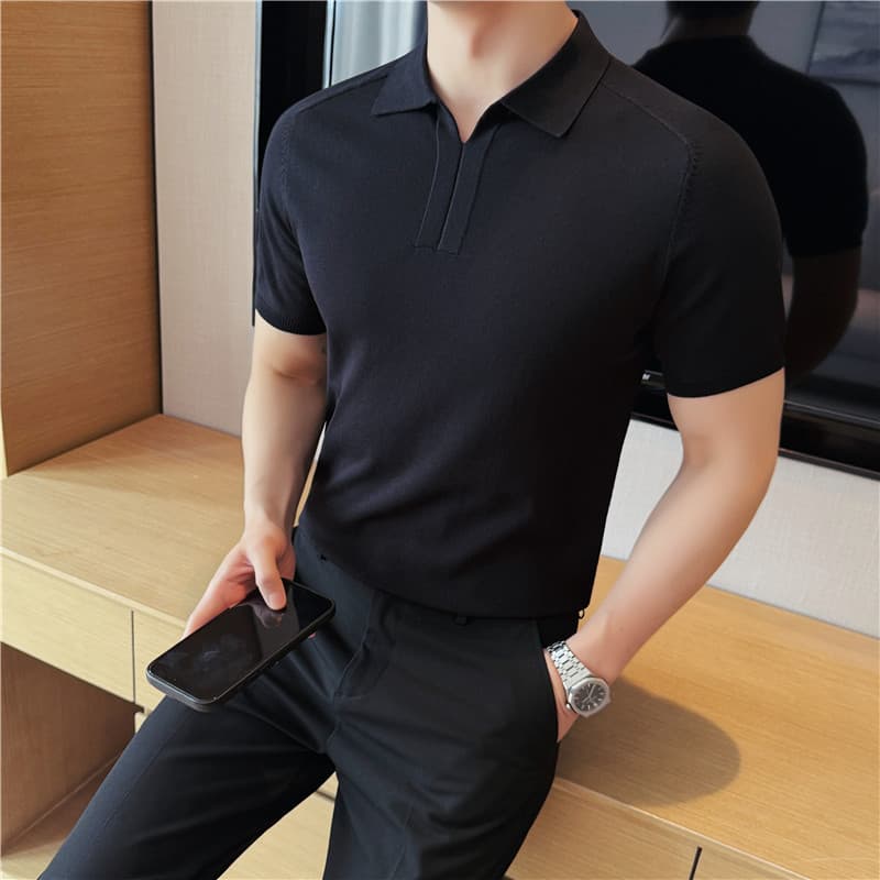 Vintage Old Money Style Knitted Lapel Short-Sleeve Polo Shirt Ice Silk Lyocell Comfortable Short-Sleeve T-Shirt Men's Polo Shirt