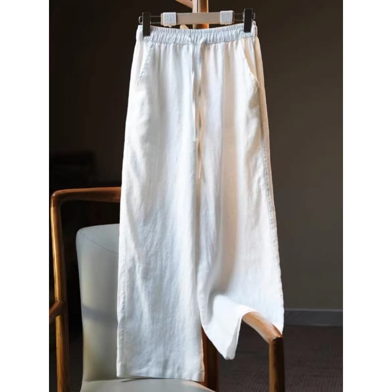 Spring and summer new solid color cotton and linen wide-leg pants for women, high-waisted elastic linen breathable straight pants, versatile nine-point casual pants