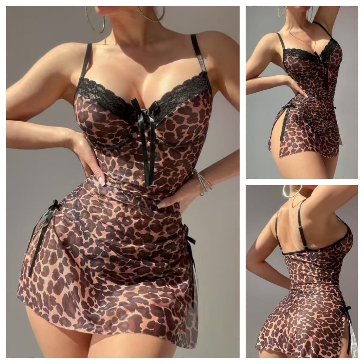 Cross-border Lingerie Leopard Print Lace Sheer Short Dress Strappy Sexy Mesh Slip Dress