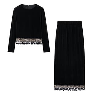 PB&ZA Premium Velvet Textured Sequins Tassel Top + Slim Skirt Fashion Two-Piece Set