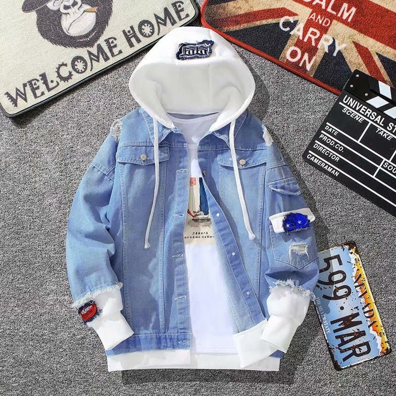 Yidian Factory Men's Denim Jacket, Faux Two-Layer Hooded Contrast Color, Korean Trendy Versatile Loose Casual Coat