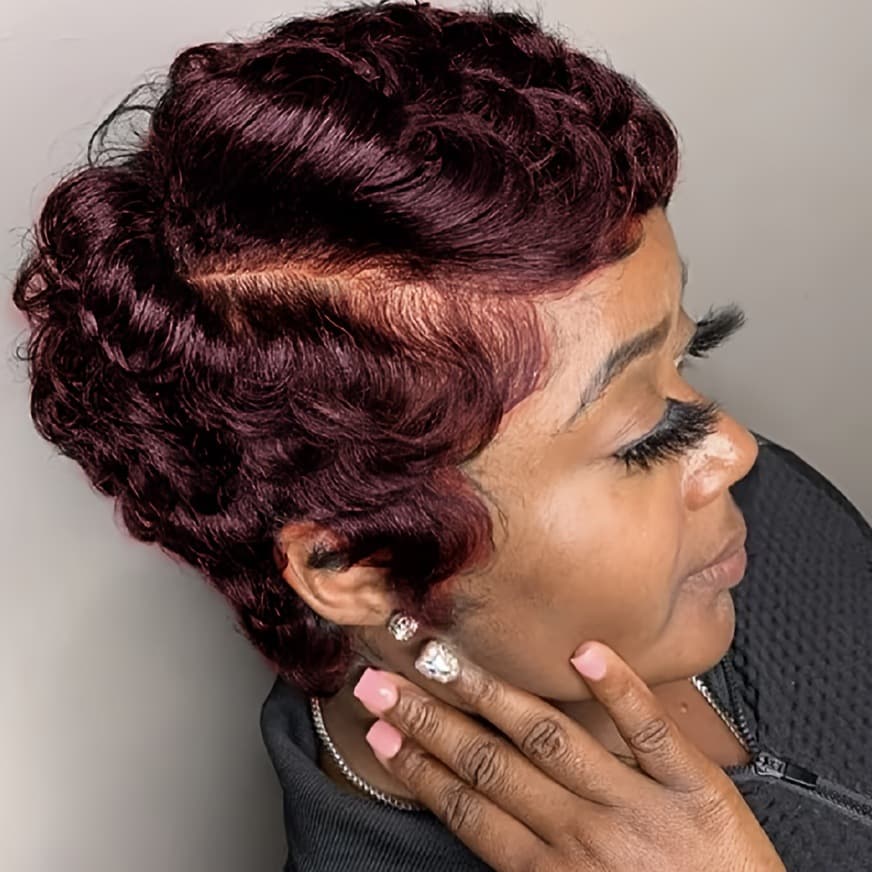 6inch 99J 13X4 Frontal Lace Pixie Wig Curly Wave Short Human Hair