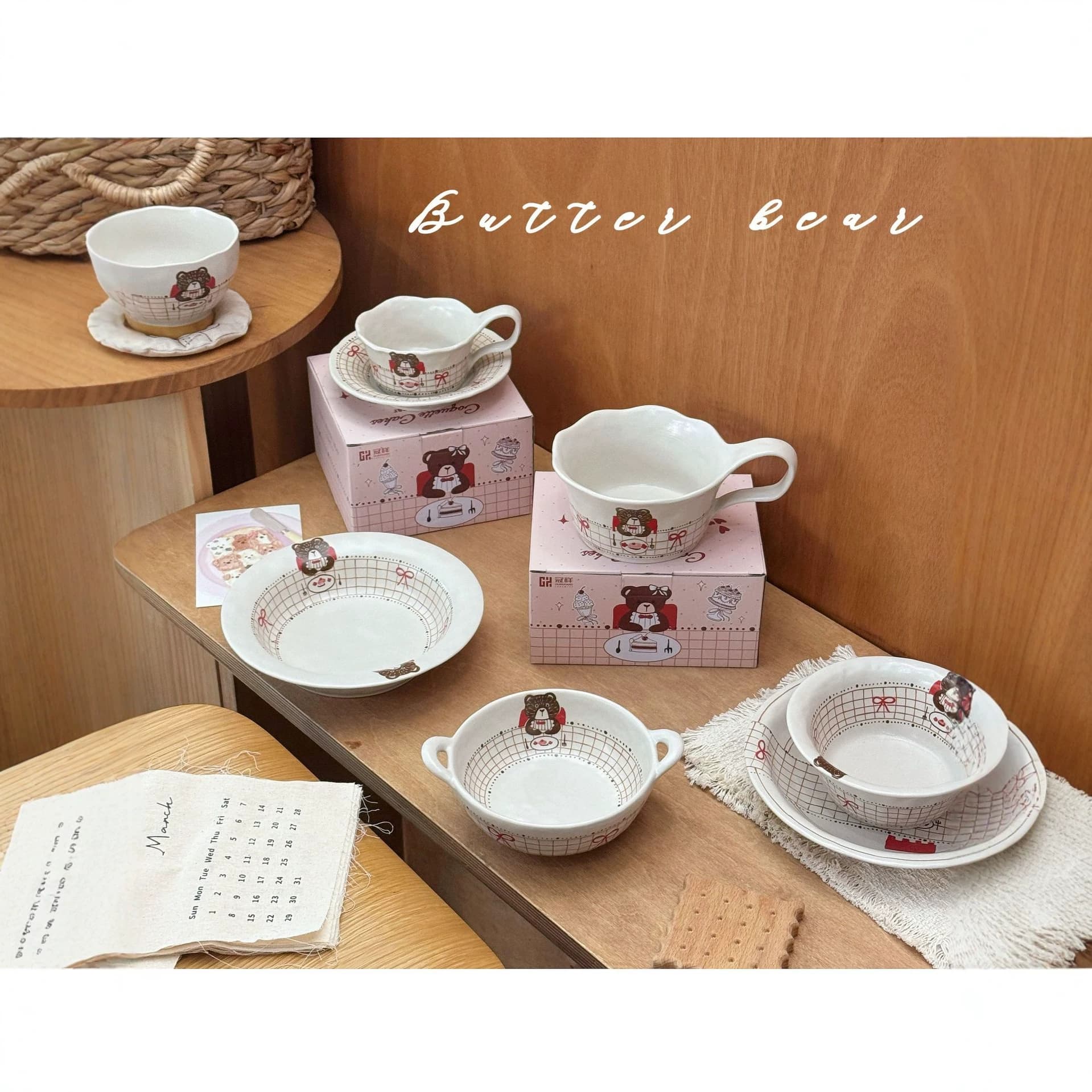 Dessert Bear Retro Exquisite Ceramic Tableware Set for Home Dining Bowls Plates Dessert Plates Breakfast Cups Rice Bowls
