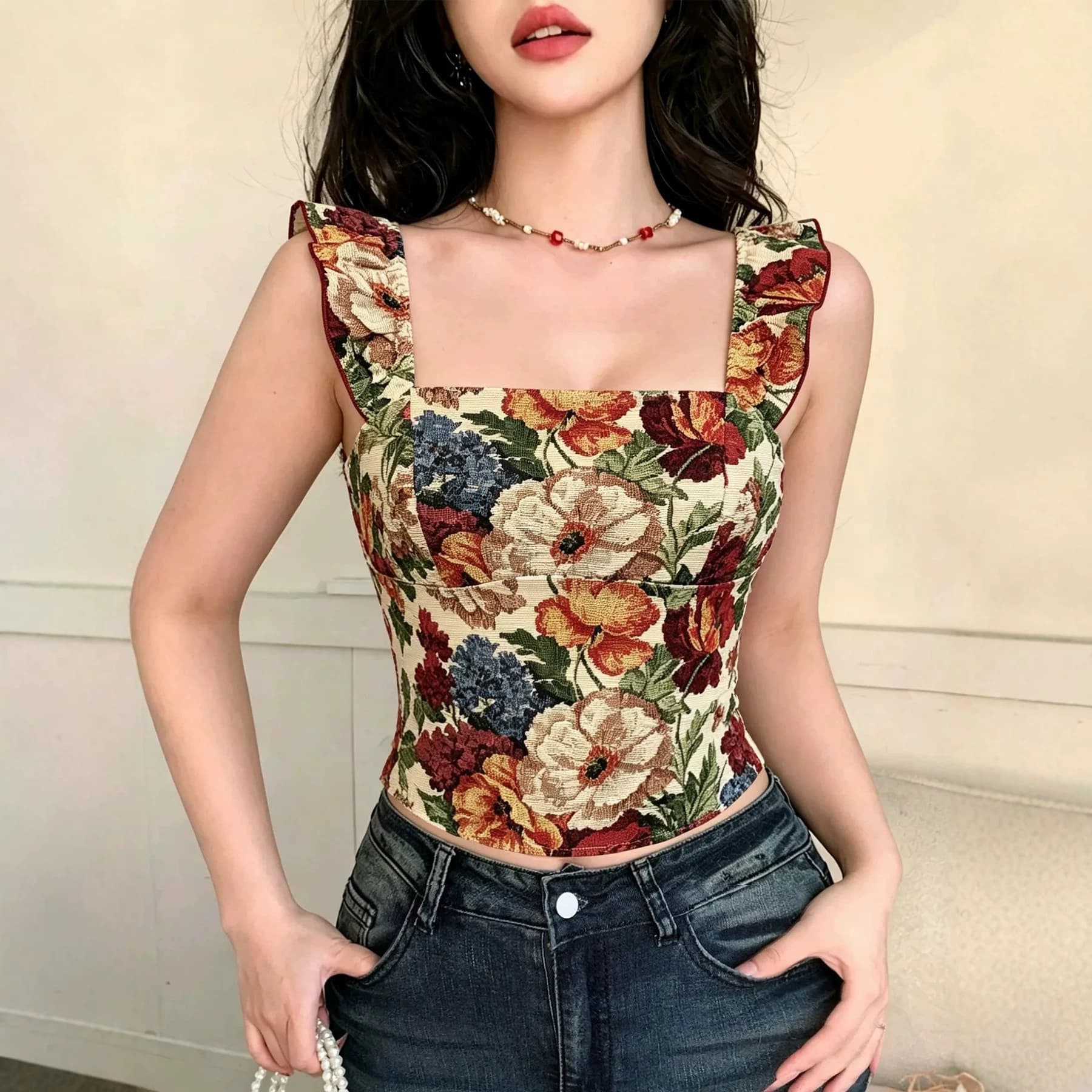 ZT8491 French oil painting style retro square neck vest summer sexy ruffled shoulder straps slim slim top