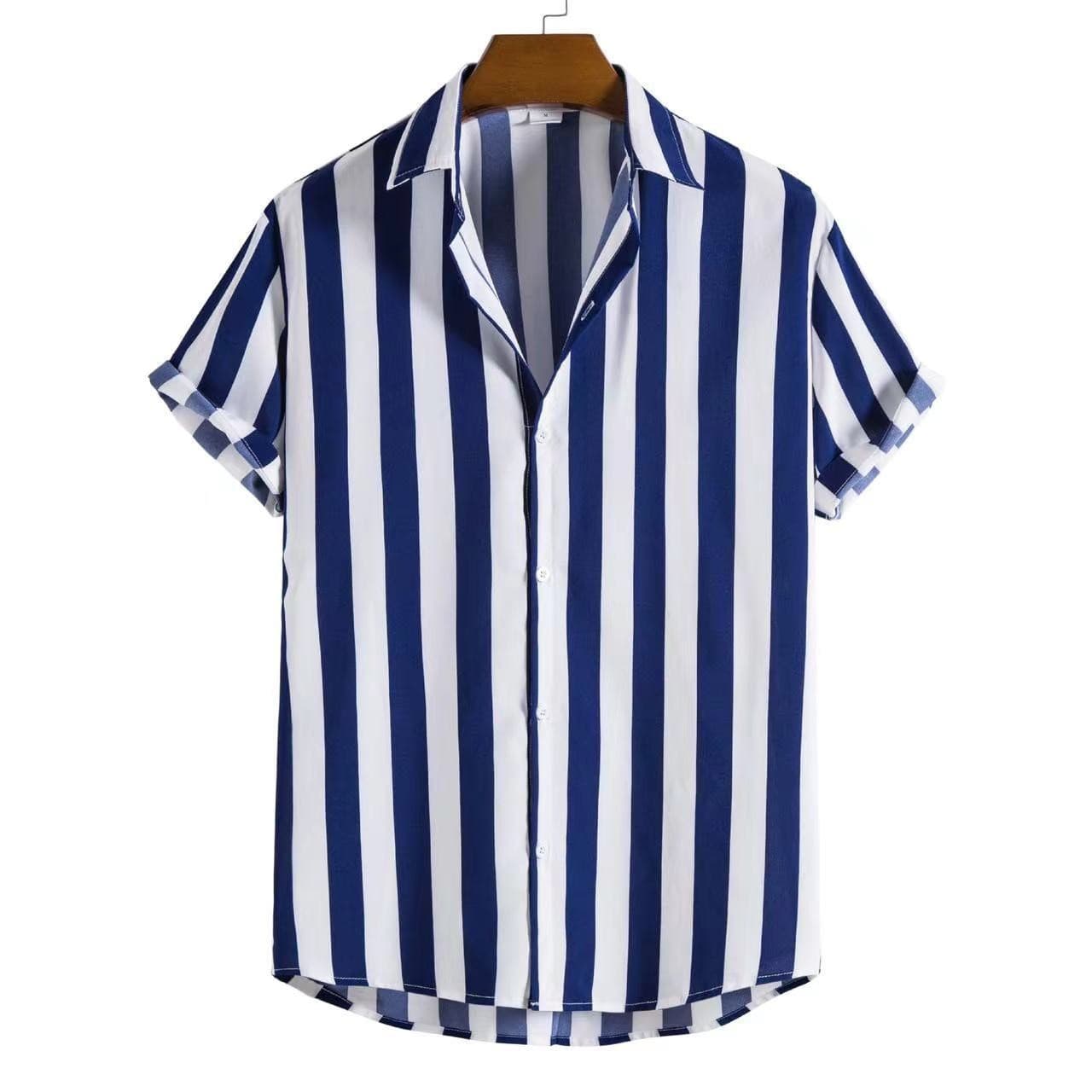 Men's Short Sleeve Notch Lapel Shirt 2026 Summer Hawaii Shirt Striped Print Men's Fashion