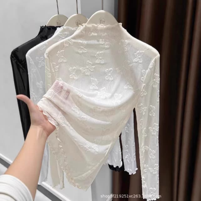 2025 New Off-Shoulder Lace Trim Top Autumn Winter Butterfly Jacquard Half Turtleneck Inner Mesh Blouse