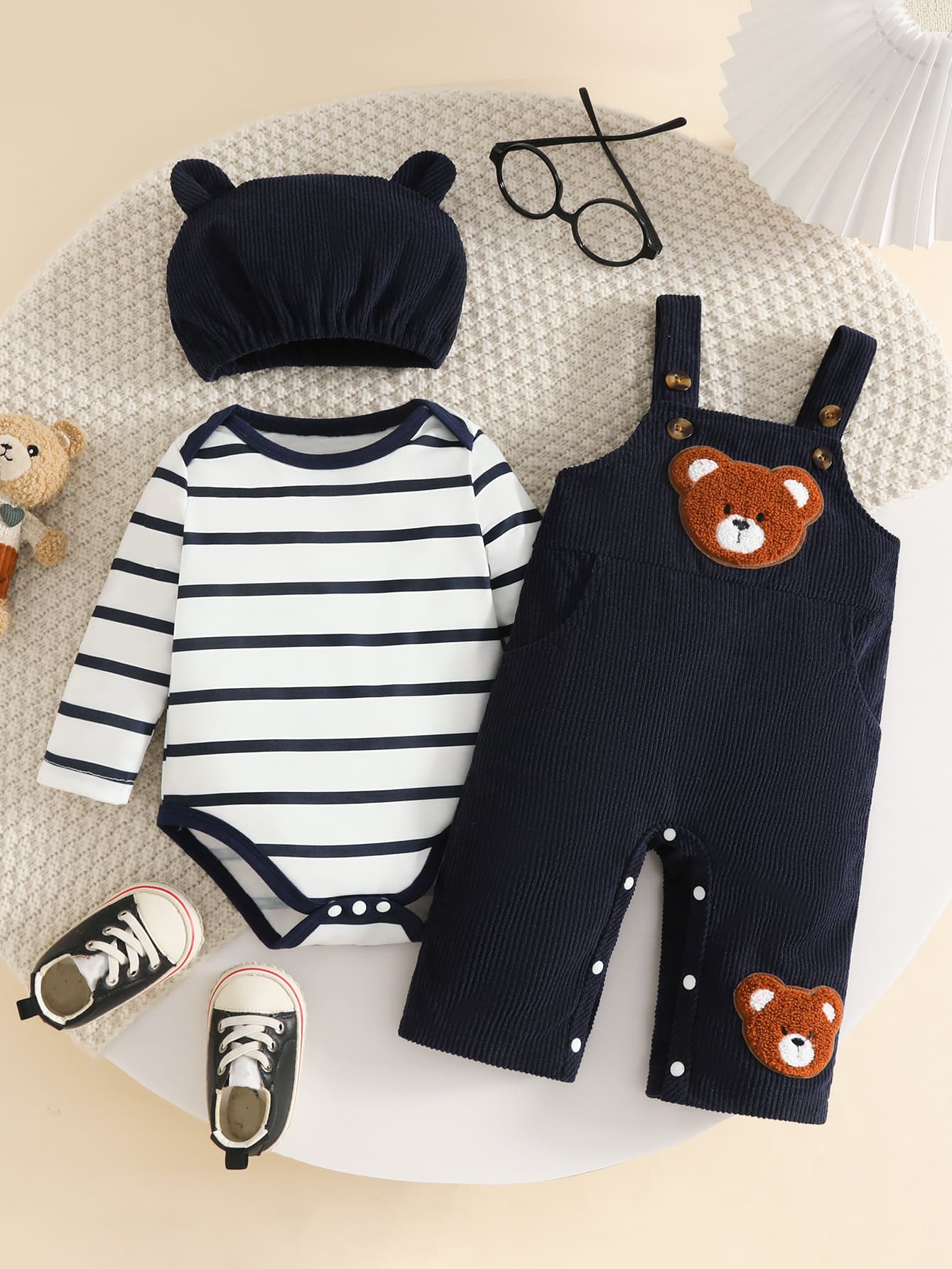 Long Sleeve Striped Bodysuit with Bear Suspenders + 3D Plush Bear Embroidery Hat Set (3 Pieces)