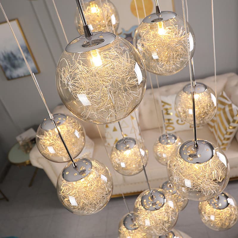 Staircase Chandelier for Duplex Apartment Living Room Dining Room Glass Round Ball New Chinese Style Villa Mid-air Staircase Long Chandelier