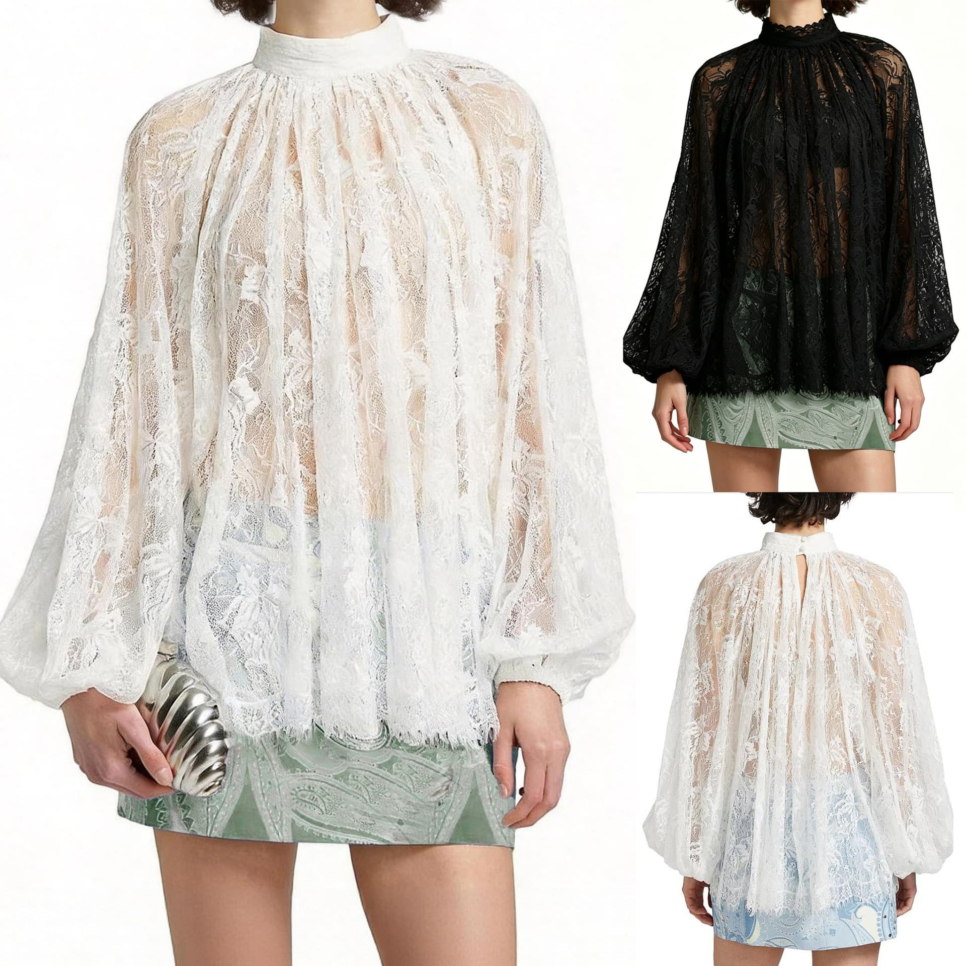 In Stock EU-US Cross-Border Summer Women's Half High Neck Pure Color Lace Lantern Sleeve Blouse Lace Top Base Layer Top SU4386