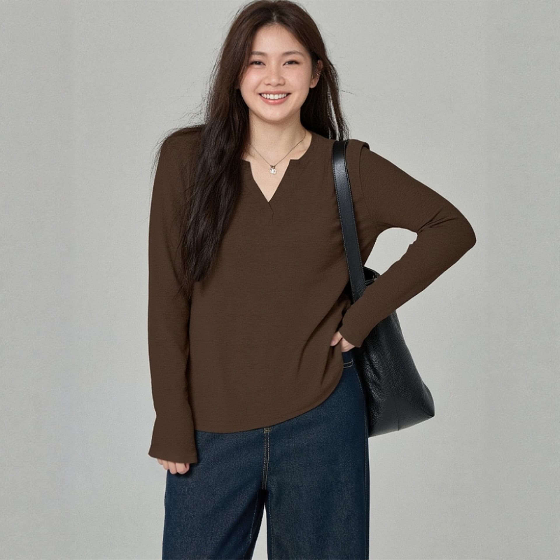 Plus-size women's top autumn marle coffee color unique beautiful clothing for 240 lbs chubby MM stunning T-shirt 3570